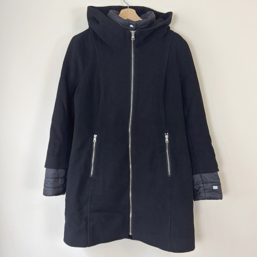 Soia & Kyo Rooney Hooded Mixed Media Black Zip Up Coat Jacket - Large